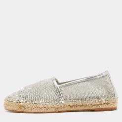 Stella McCartney Metallic Silver Mesh And Faux Leather Trims Slip On Espadrille Flats Size 37 For Women