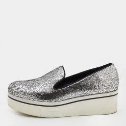 Stella McCartney Metallic Silver Faux Crinkled Leather Binx Platform Slip On Sneakers Size 38 For Women