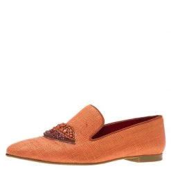 Stella McCartney Sales 48 Stella Mccartney Orange Raffia Beaded Lips Smoking Slippers Size 37.5 For Women